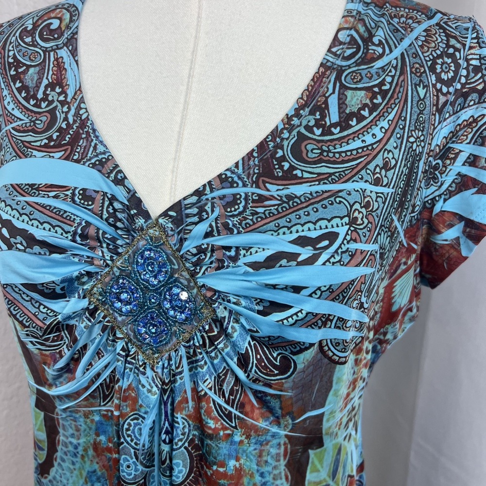 Y2K Boho Top Womens PM Blue Paisley Rhinestone Babydoll Festival Hippie‎ Fairy - Picture 2 of 9